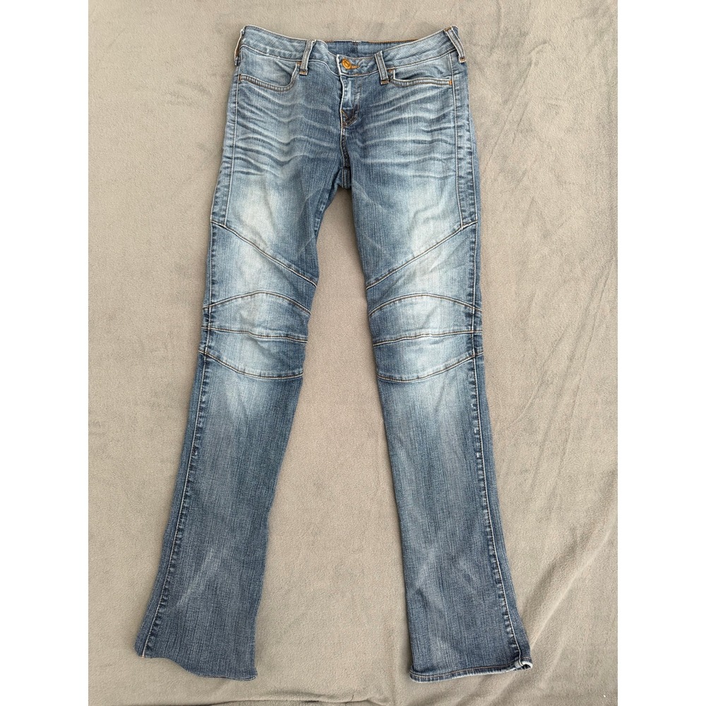 True Religion Gianna Moto Jeans Womens 30 Blue Denim Low Rise Biker Slim Flare - Picture 2 of 10
